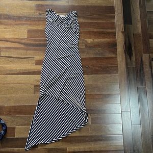 Blue and white diagonal striped midi dress